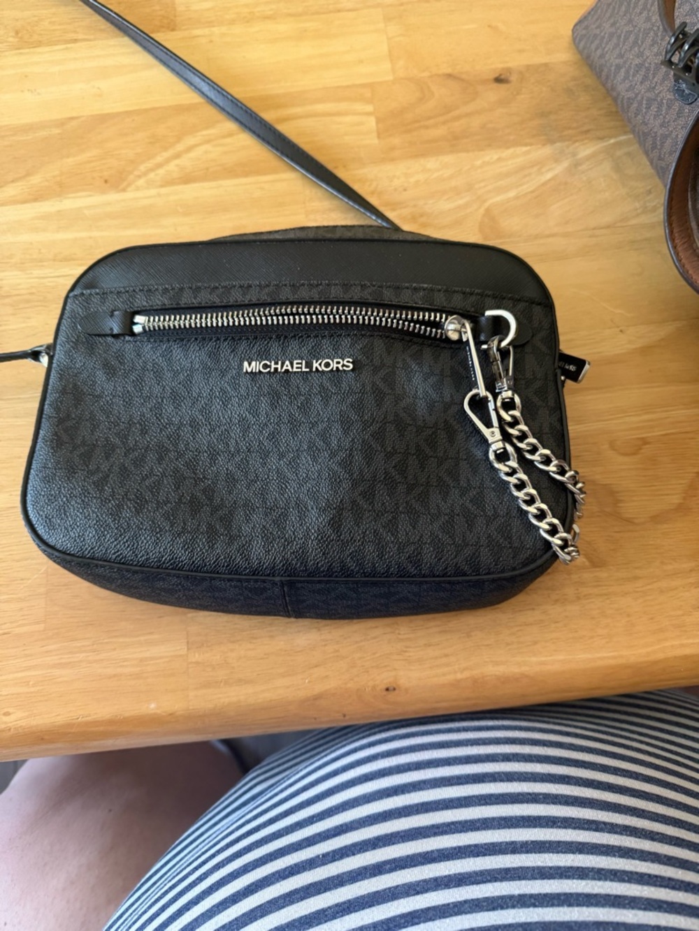 Michael Kors Black Logo Crossbody Belt Bag with Silver Chain